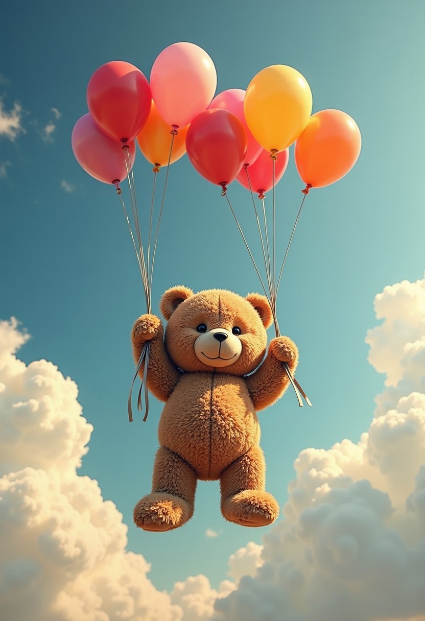 A teddy bear holding onto several colorful balloons, floating in the sky. The balloons are in shades of red, pink, and orange. The background features a blue sky with white clouds. 