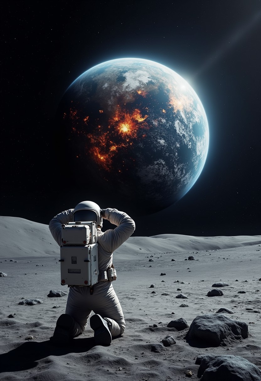 An astronaut in a white space suit kneeling on the surface of the moon, looking up towards a large, vividly detailed Earth. The Earth appears to be in a crescent phase, with sunlight illuminating part of its surface, revealing blue oceans and cloud formations against the darkness of space. Bright fiery craters can be seen on the dark side of the Earth, adding a drama to the scene. 