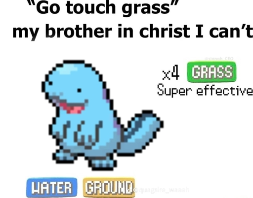 An image of a Quagsire, with its Water and Ground typing displayed, and its weakness to Grass displayed with the caption "x4 Grass Super effective". The top of the image is captioned with ["Go touch grass" my brother in christ I can't].