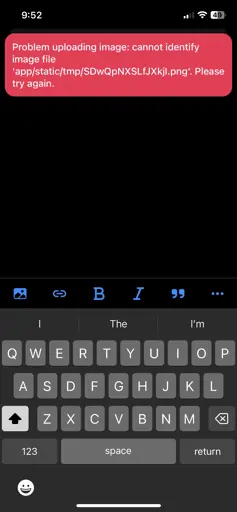 Screenshot of voyager showing an error message reading “ Problem uploading image: cannot identify image file
'app/static/tmp/SDwQpNXSLfJXkjl.png'. Please
try again.”