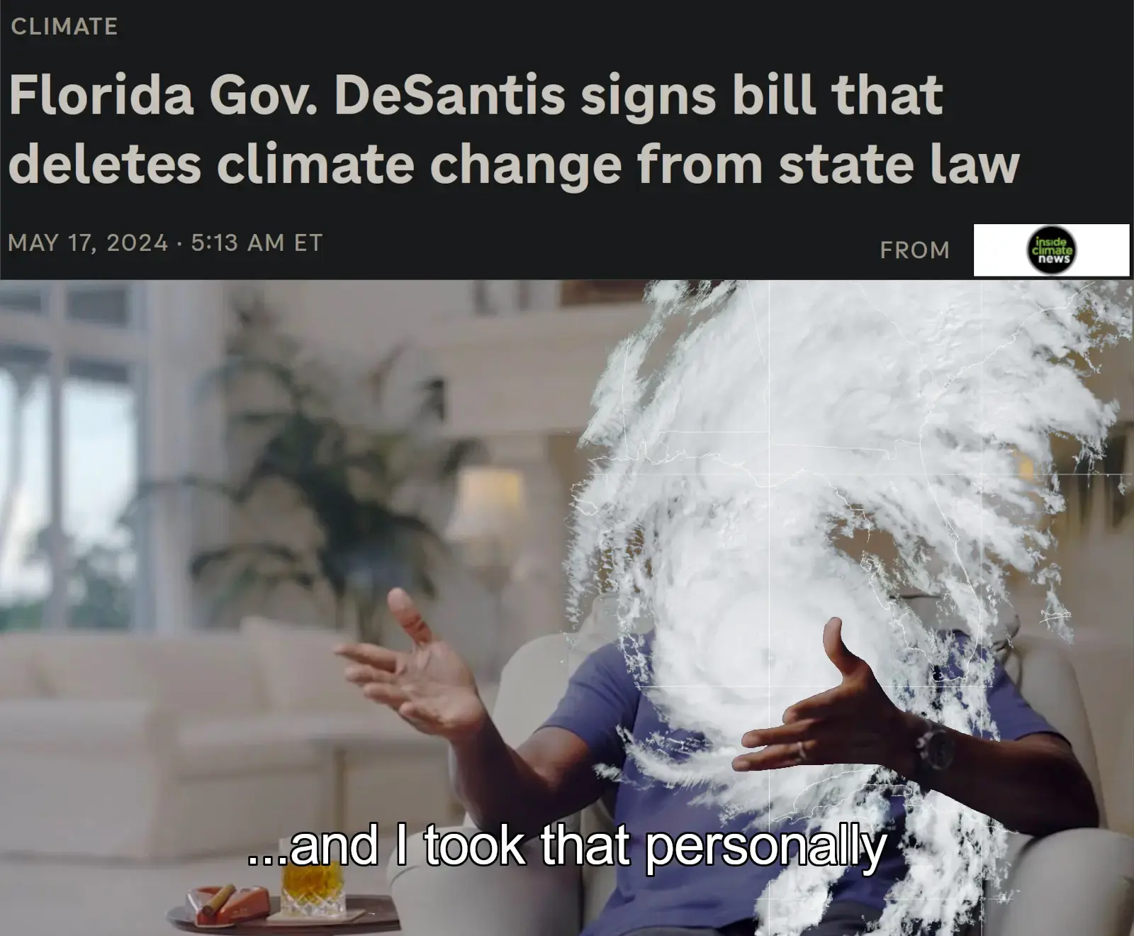 In the top part is a headline from an NPR article: "Florida Gov, DeSantis signs bill that deletes climate change from state law". In the bottom part is Michael Jordan saying "and I took that personally", with satellite image of hurricane Helene pasted over his likeness.