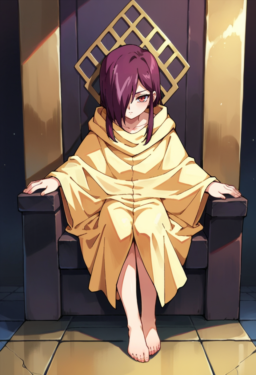 A girl with red eyes and long purple hair covering one eye, sitting on a throne with a gold pattern on the back. She is wearing a large, yellow robe that drapes down to her feet, covering her body entirely. The floor is made of stone tiles with a reflective surface.