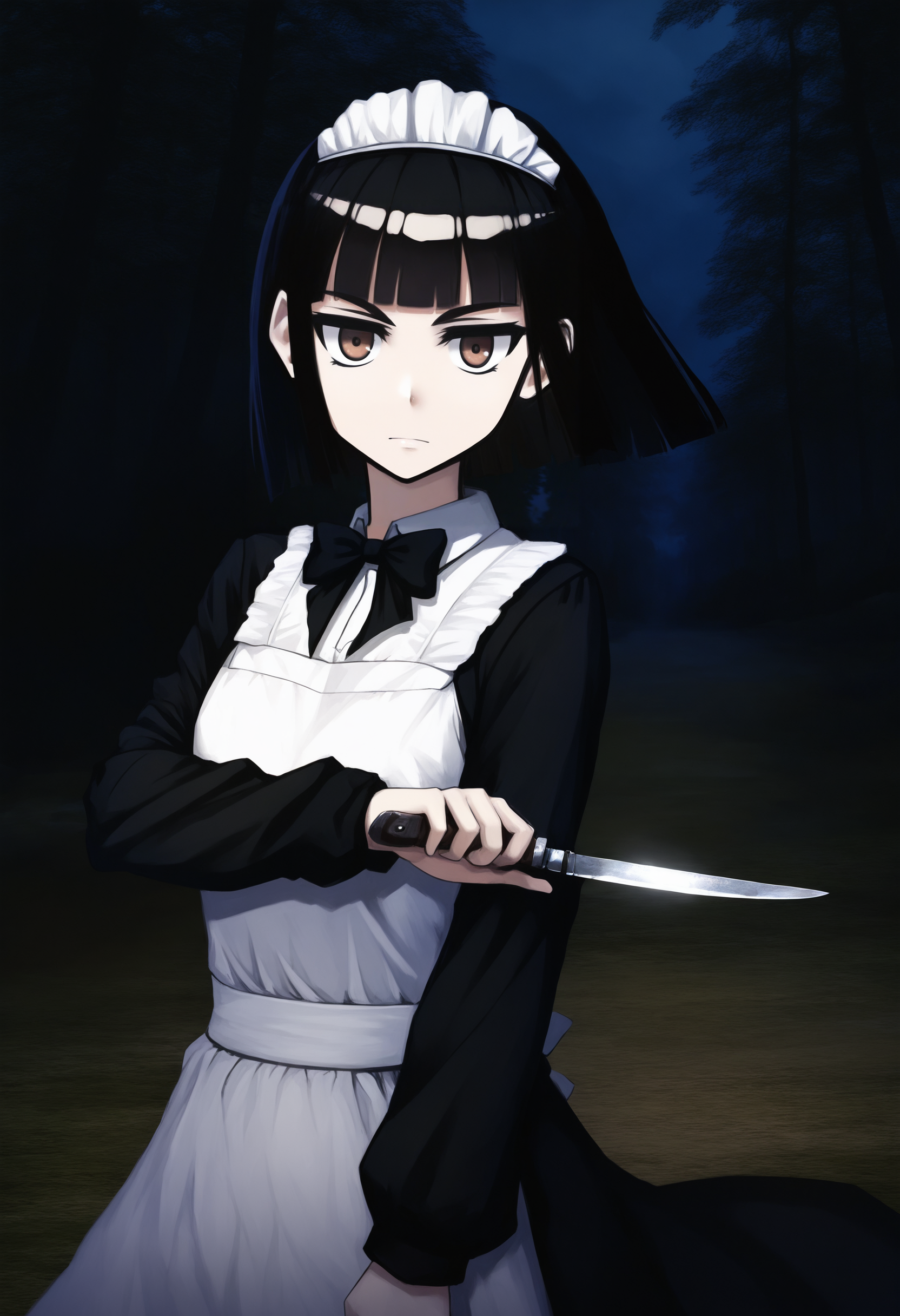 A young woman dressed in a traditional maid outfit standing in a dark forest. She has short black hair with blunt bangs and brown eyes that are slightly narrowed, giving her a cautious expression. She is brandishing a knife in her right hand, its blade is shiny and metallic, reflecting the dim light around her. 