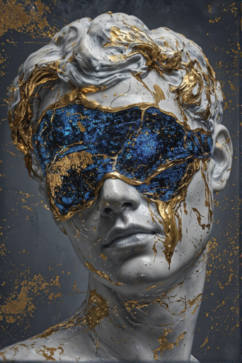 A close-up of a white sculptural bust of a human head and upper shoulders wearing a blue digital display blindfold. The bust features classical sculptural details with smooth pale gray-white marble surface, depicting a face with defined lips, nose, and chin. Metallic gold liquid appears to drip and splash across the face, mask, and hair, creating streaks down the cheeks, and throughout the hair. Gold liquid splatter covers the dark gray-blue background, creating a distressed, weathered aesthetic. 