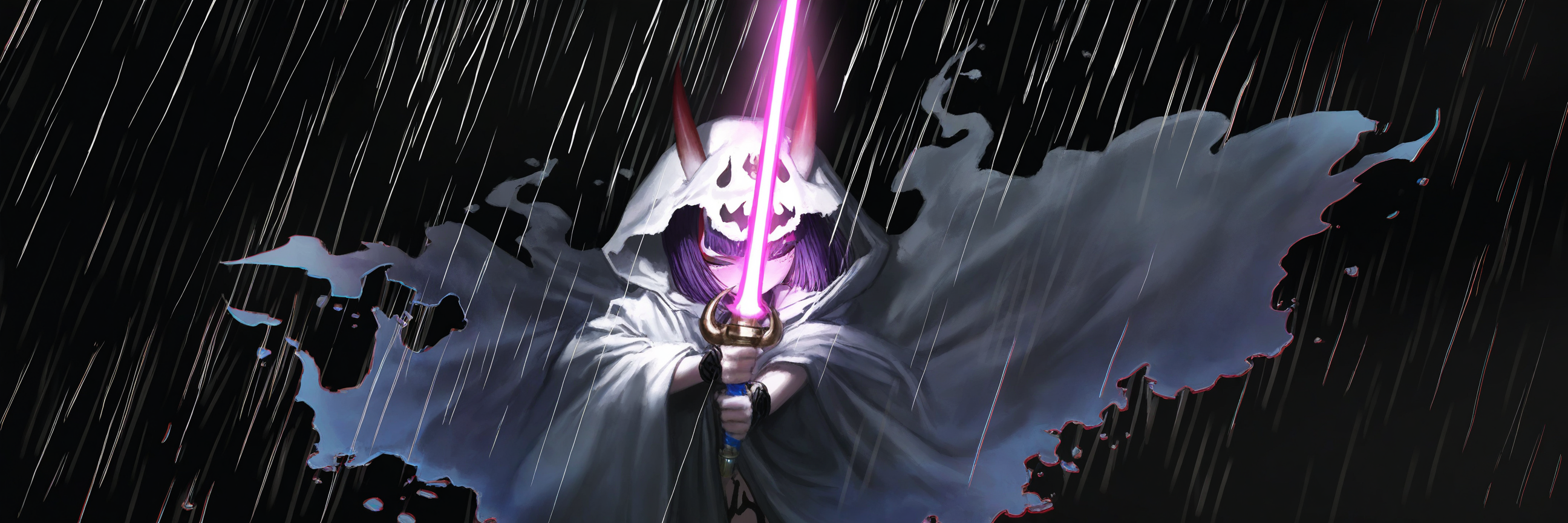 A purple-haired girl with two large horns on her head dressed in a flowing, white hooded cloak with tattered edges. Her cloak billows out around her, and she is holding a glowing, pink sword in her hands, which emits a bright, intense light that contrasts starkly with the pitch black rainy background.