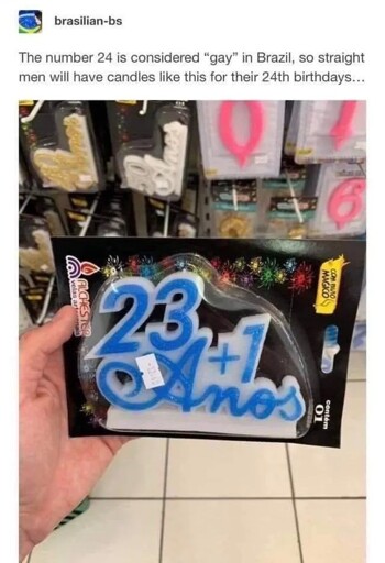 An image of a blue and white birthday candle that says “23+1 Anos” brasilian-bs writes: The number 24 is considered "gay" in Brazil, so straight men will have candles like this for their 24th birthdays... 