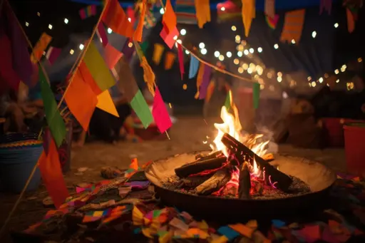 Colored paper flags tied to strings make a composition around a bonfire, with people implied to be gathered around in the background
