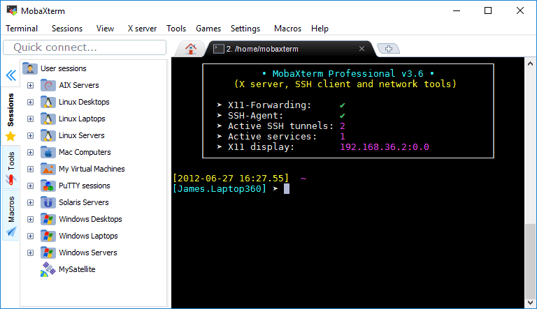 MobaXterm running with sidebar and tab