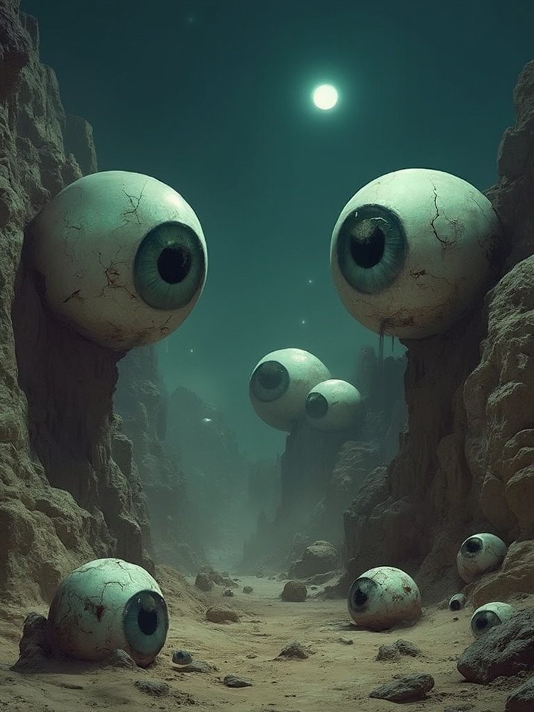 The image depicts a surreal scene set within a narrow canyon with towering walls on either side, shrouded in a misty haze under a dimly lit sky where a faint moon is visible. Scattered throughout the landscape are several large, spherical objects resembling eyeballs of varying sizes, with prominent iris and pupil details.