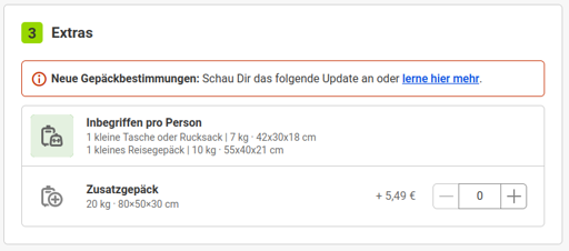 Ein Screenshot von der Buchungswebsite von FlixTrain. Es gibt neue Gepaeckbestimmungen.