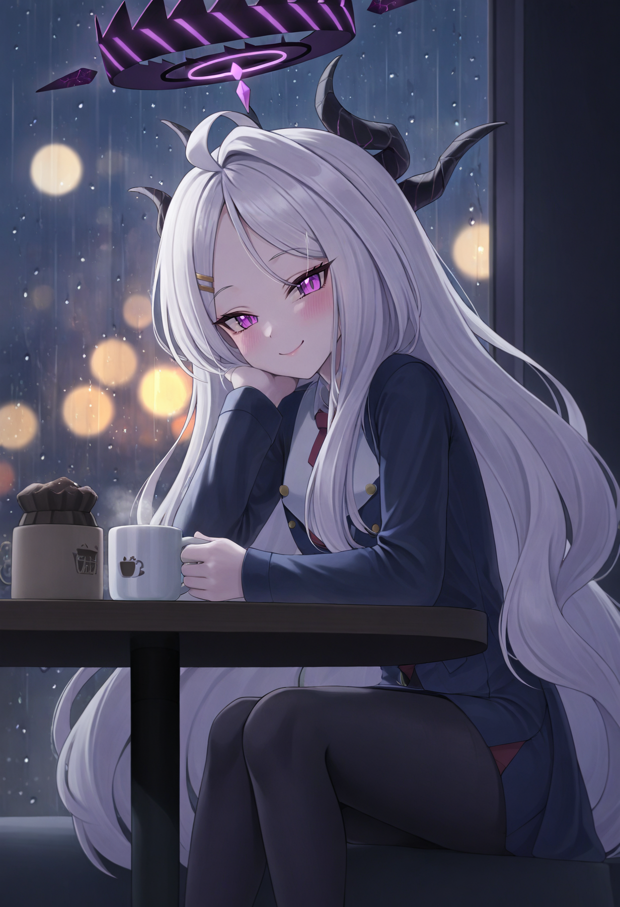 A young woman with long silver hair, dark horns, and purple eyes. Her attire consists of a dark blue dress with a red tie, and black tights. She is sitting at a small wooden table, leaning her head on her hand, with a cup of coffee in her other hand. The background shows a night scene through a window, featuring raindrops on the glass and out of focus glowing lights. A large, dark, halo with glowing purple lines floats above her head, adding a mystical touch to the scene. 