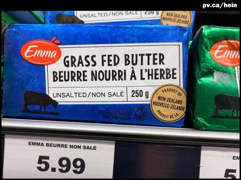 Un "Grass fed butter" traduit par "Beurre nourri à l'herbe"