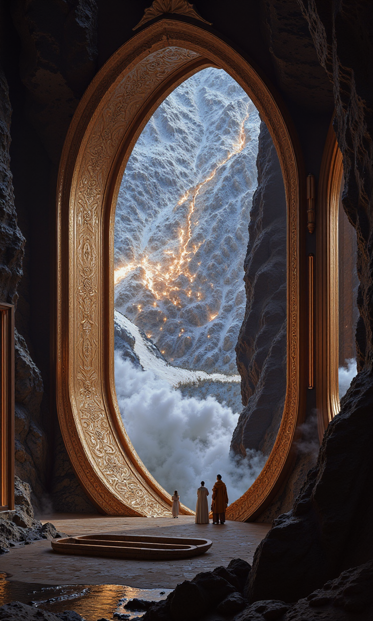 A large, ornate oval window set within a cavernous space. The frame of the window is intricately designed with patterns and motifs. Through this window, one can see a dramatic and fiery landscape resembling molten lava flowing down a slope, contrasting with the cool, shadowy tones of the cave interior. Three figures in robes are present in front of the window, giving scale to the grandeur of their surroundings. 