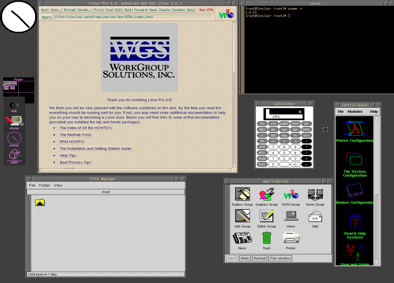 WGS Linux Pro 4.1 based on*Red Hat Linux 3.0.3 from 1997. In the center is a browser window displaying a welcome screen from Workgroup Solutions, Inc., thanking the user for installing Linux Pro 4.0. It provides links to documentation such as the RedHat-FAQ, RPM HOWTO, installation guides, and boot process tips, aimed at helping users navigate their new system.  In the top right corner, a terminal window (`xterm`) is open, showing the kernel version command (`uname -r`), revealing version `1.2.13` of the Linux kernel. To the bottom of the terminal is a graphical calculator application, providing basic and scientific calculation functions.  A vertical control panel on the far right offers access to system configuration options such as printer setup, file system configuration, and modem settings. The file manager at the bottom left displays the `/root` directory, while the bottom right holds an application menu, offering quick access to various utilities, including a text editor, terminal emulator, and mail client.