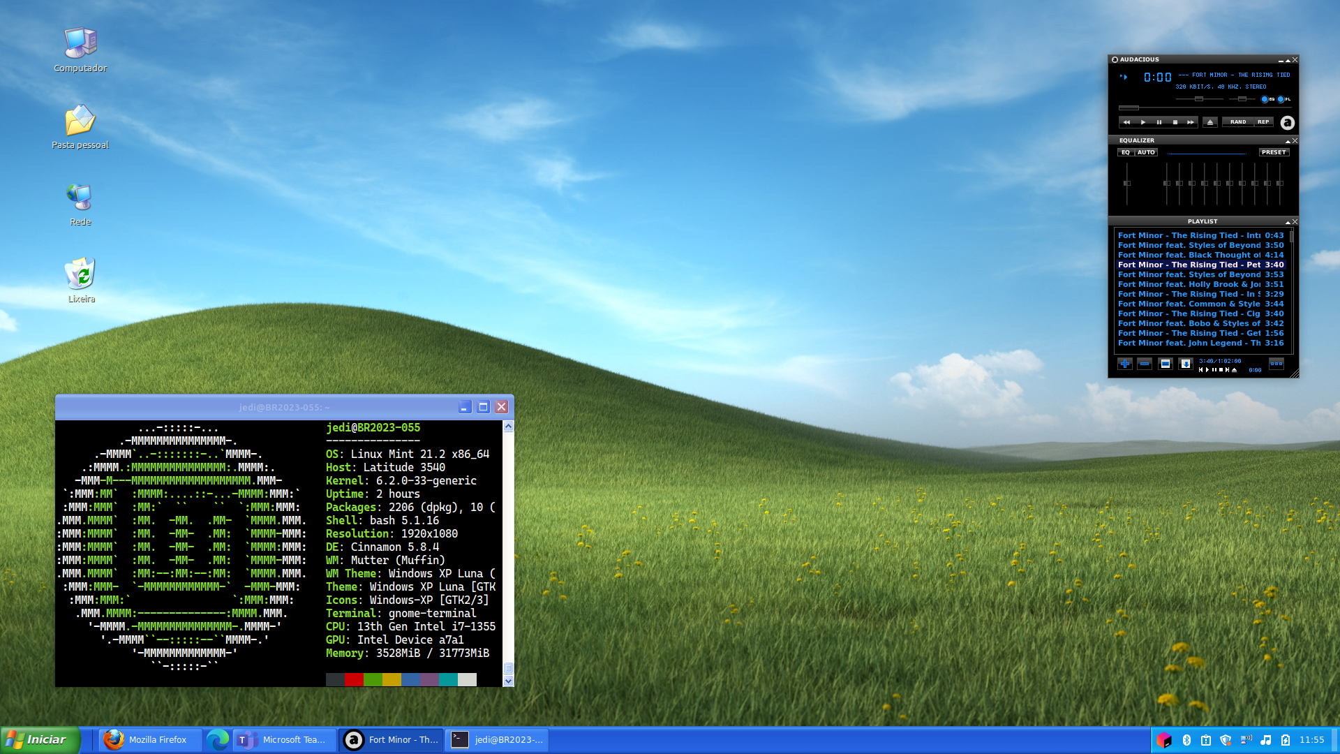 A desktop environment screenshot that looks a Windows XP, with its iconic "Bliss" wallpaper depicting a green hill and a blue sky with clouds above.

There's two windows on the screen. One of them is a music player in black and blue, playing a MP3 from Fort Minor. The other is a Terminal console showing the machine specifications (Dell Latitude 3540, Linux Mint 21.2)